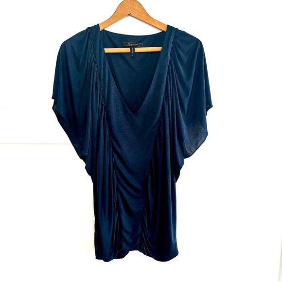 BCBG Maxazaria Navy Blue Silky Flutter Sleeve Rouched Top XS - Picture 1 of 5